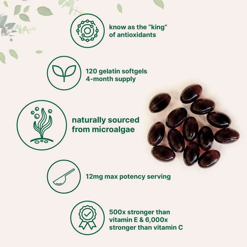 Pure Microalgae Astaxanthin 12mg | Superior Antioxidant for Skin Health & Overall Wellness | 120 Softgels (4-Month Supply)