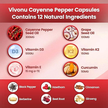Cayenne Pepper Softgels Supplement, Supports Leg Vein, Heart and Blood Vessel Health, with Vitamin E D3+K2 and Extracts of Grape Seed, Hawthorn, Beetroot and Others (240 Softge /1 Bag)