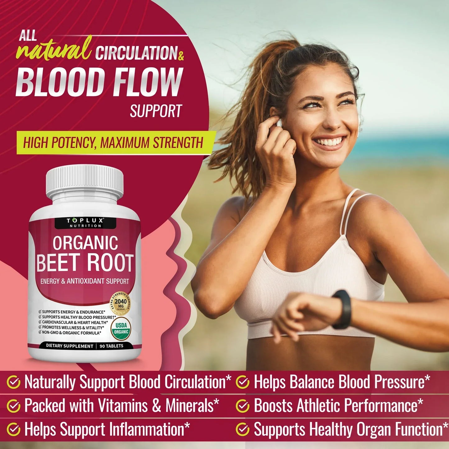 Organic Beet Root Powder Tablets 2040mg – Energy & Circulation Support (90 Ct)