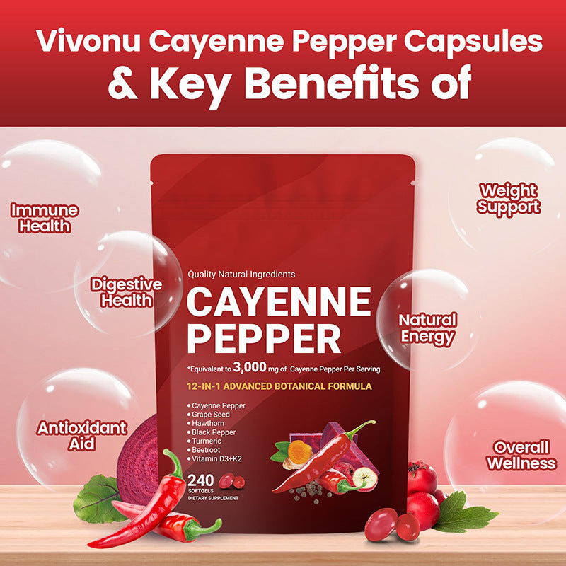 Cayenne Pepper Softgels Supplement, Supports Leg Vein, Heart and Blood Vessel Health, with Vitamin E D3+K2 and Extracts of Grape Seed, Hawthorn, Beetroot and Others (240 Softge /1 Bag)