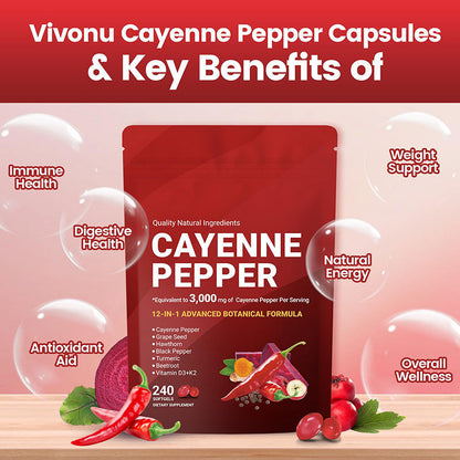 Cayenne Pepper Softgels Supplement, Supports Leg Vein, Heart and Blood Vessel Health, with Vitamin E D3+K2 and Extracts of Grape Seed, Hawthorn, Beetroot and Others (240 Softge /1 Bag)