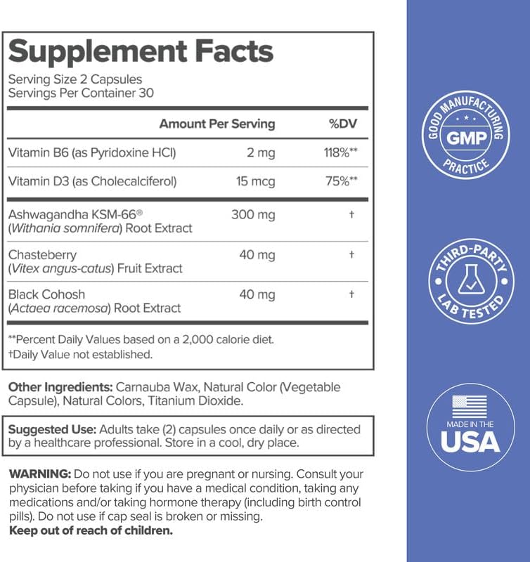 Vitamins for Menopause - Hormone-Free Menopause Supplement for Women - Black Cohosh & Ashwagandha KSM-66 - Helps Relieve Hot Flashes, Night Sweats, Mood Swings - 30 Servings (Pack of 1)