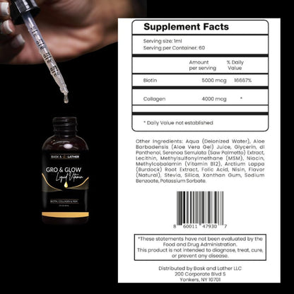 BASK & LATHER GRO & Glow Liquid Vitamin, Helps Support Healthy Hair, Skin & Nails, Cherry Flavor, 2 FL Oz