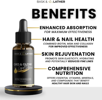 BASK & LATHER GRO & Glow Liquid Vitamin, Helps Support Healthy Hair, Skin & Nails, Cherry Flavor, 2 FL Oz