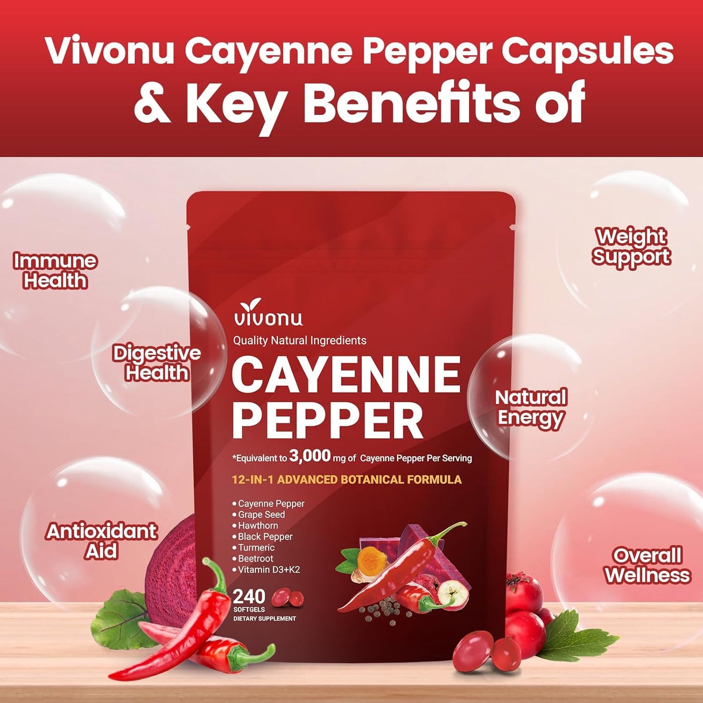 Cayenne Pepper Heart & Vessel Support – Full Spectrum Formula with Vitamins & Botanicals | 240 Capsules