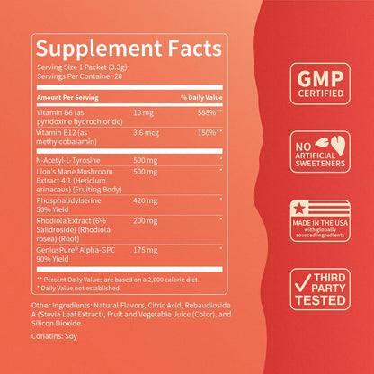 Drink Mix – Fruit Punch Flavor – Alpha GPC, Lion’s Mane, Rhodiola & N-Acetyl L-Tyrosine – Sugar-Free, On-The-Go Packets – 20 Servings