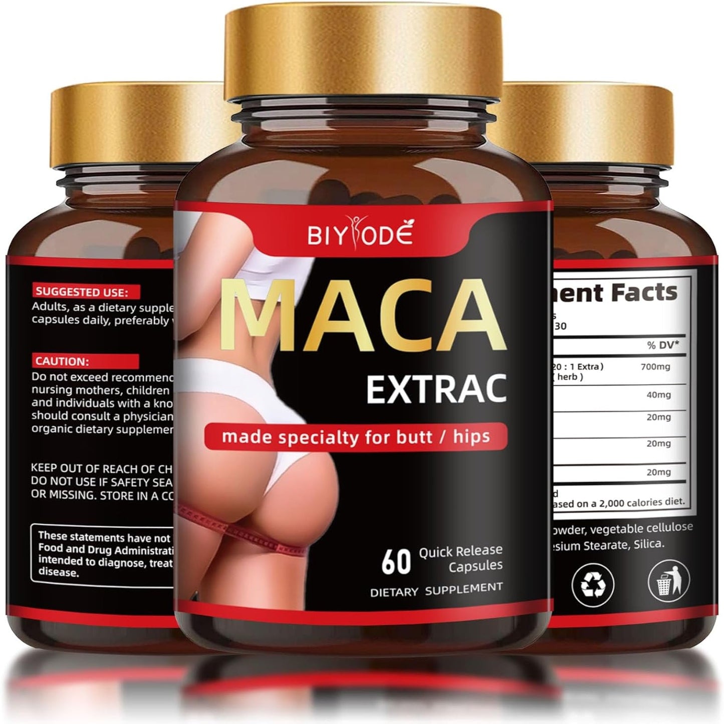 Organic Maca Root Capsules - Natural Butt Enhancement Pills for Women | Lift, Firm & Curve Buttocks | 60 Capsules