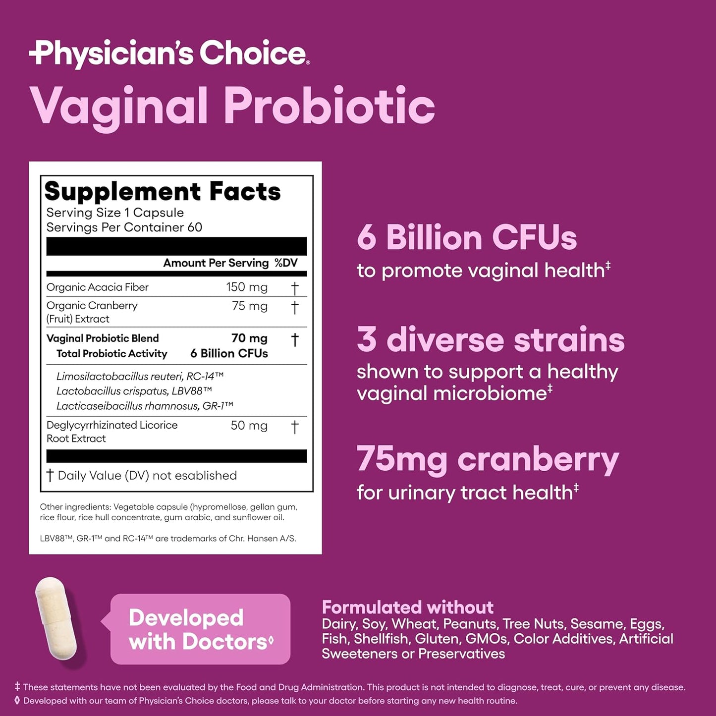 Women’s Vaginal Probiotics Advanced pH, Odor & Yeast Support 6 Billion CFU with Organic Prebiotics & Cranberry Feminine Health Formula 30 Capsules