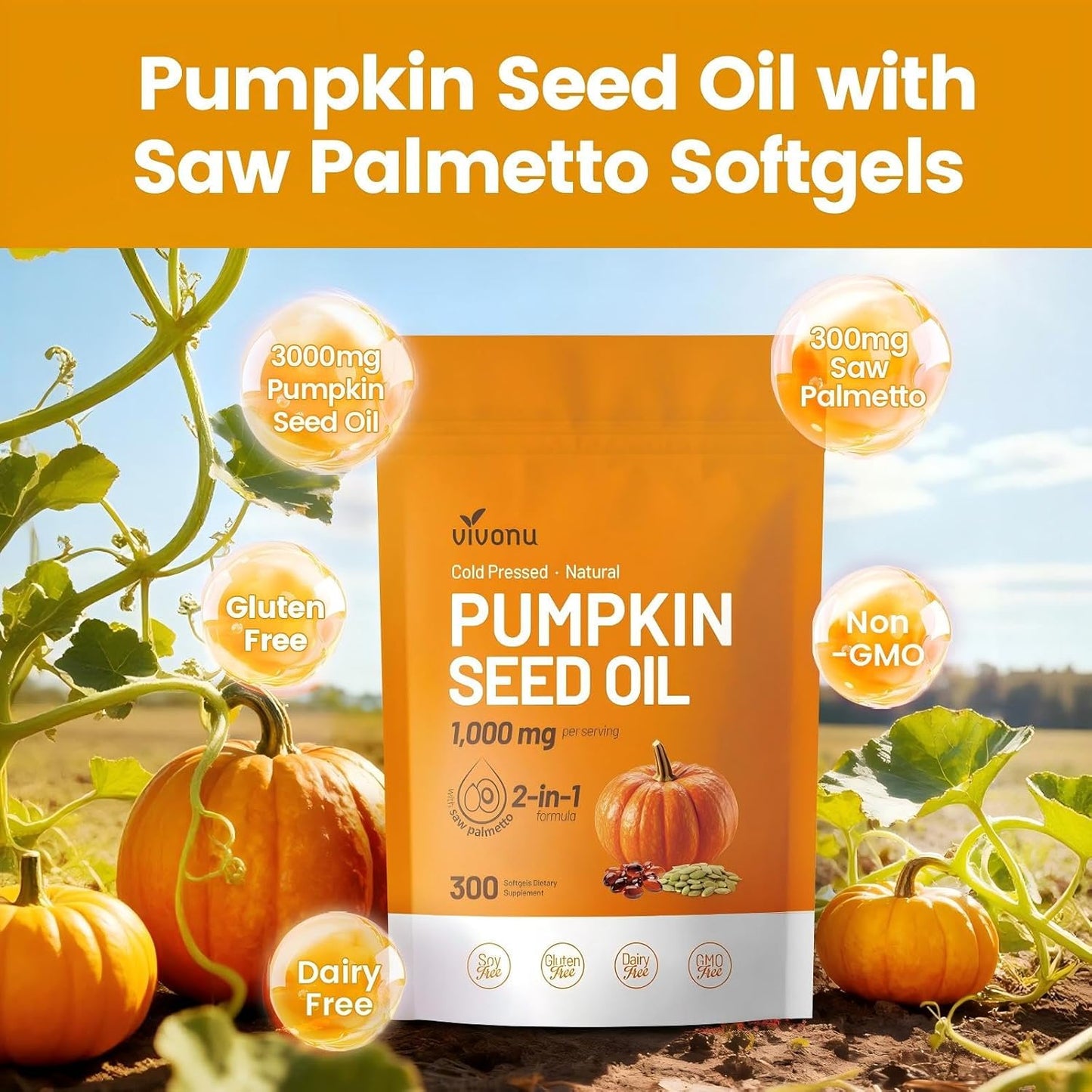 Cold Pressed Pumpkin Seed Oil & Saw Palmetto Softgels - 300 Count | Hair Growth, Prostate, Urinary & Bladder Support | Non-GMO Pure Virgin Oil
