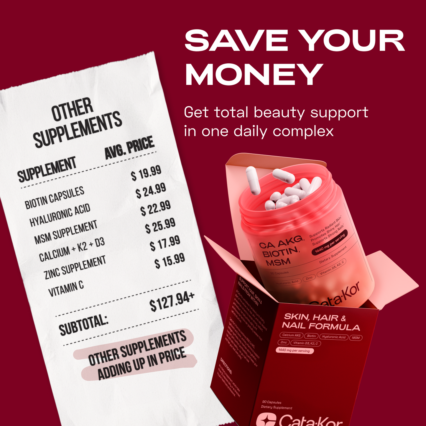 Cata-Kor Skin, Hair & Nails Supplement – Ca AKG, MSM, Hyaluronic Acid, Biotin-store