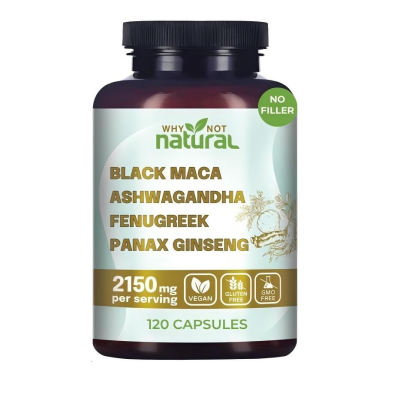 Why Not Natural 4-in-1 Organic Black Maca Root, Ashwagandha, Fenugreek, Panax Ginseng Capsules, Supplement for Men and Women