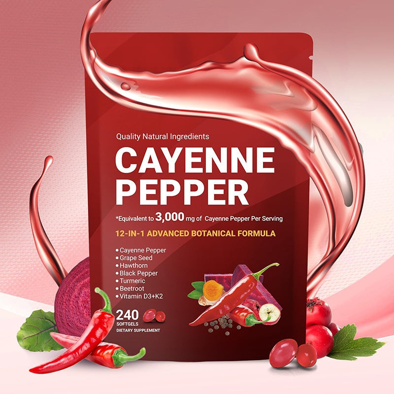 Cayenne Pepper Softgels Supplement, Supports Leg Vein, Heart and Blood Vessel Health, with Vitamin E D3+K2 and Extracts of Grape Seed, Hawthorn, Beetroot and Others (240 Softge /1 Bag)