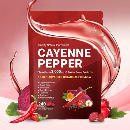 Cayenne Pepper Softgels Supplement, Supports Leg Vein, Heart and Blood Vessel Health, with Vitamin E D3+K2 and Extracts of Grape Seed, Hawthorn, Beetroot and Others (240 Softge /1 Bag)