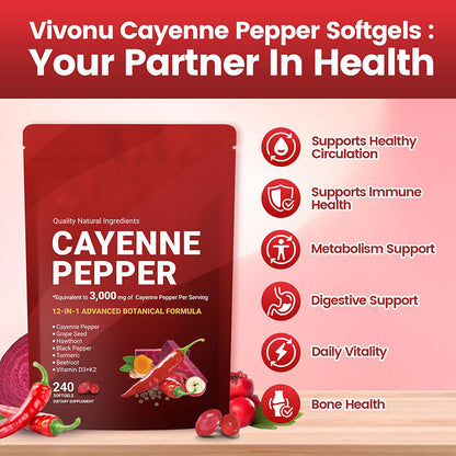 Cayenne Pepper Softgels Supplement, Supports Leg Vein, Heart and Blood Vessel Health, with Vitamin E D3+K2 and Extracts of Grape Seed, Hawthorn, Beetroot and Others (240 Softge /1 Bag)