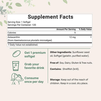 Pure Microalgae Astaxanthin 12mg | Superior Antioxidant for Skin Health & Overall Wellness | 120 Softgels (4-Month Supply)