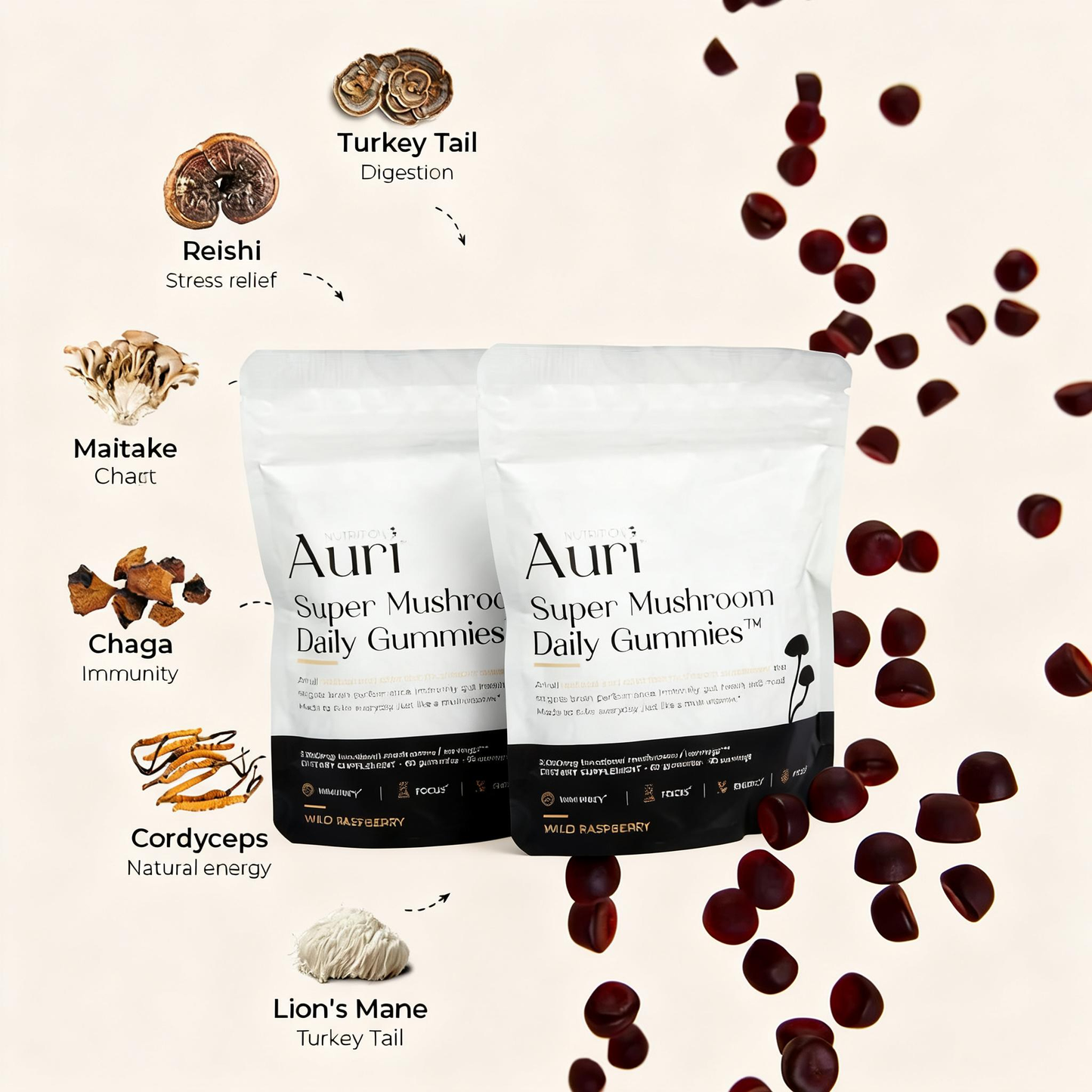 Super Mushroom Daily Gummies🍄 | 12 Functional Mushrooms in Tasty Raspberry for Focus, Memory & Immune Support