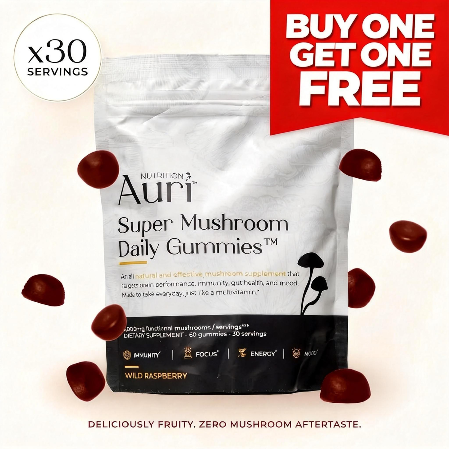 Super Mushroom Daily Gummies🍄 | 12 Functional Mushrooms in Tasty Raspberry for Focus, Memory & Immune Support