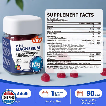 14-in-1 Magnesium Complex Gummies with Ashwagandha, L-Theanine, D3