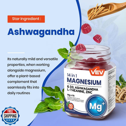 14-in-1 Magnesium Complex Gummies with Ashwagandha, L-Theanine, D3